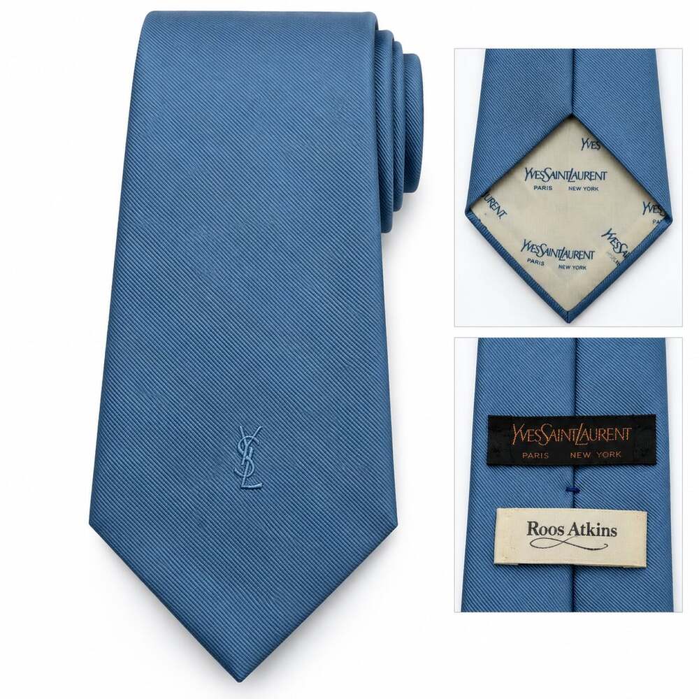 Yves Saint Laurent Silk Logo Neck Tie Blue Roos Atkins Vintage